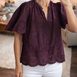 Caroline Constas Burgundy Eyelet Flutter Sleeve Blouse NWT Wine Plum Top